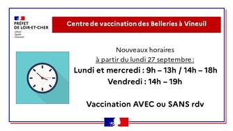 COMMUNIQUÉ | Nouveaux horaires du centre de vaccination de Vineuil - Vaccination possible sans rdv